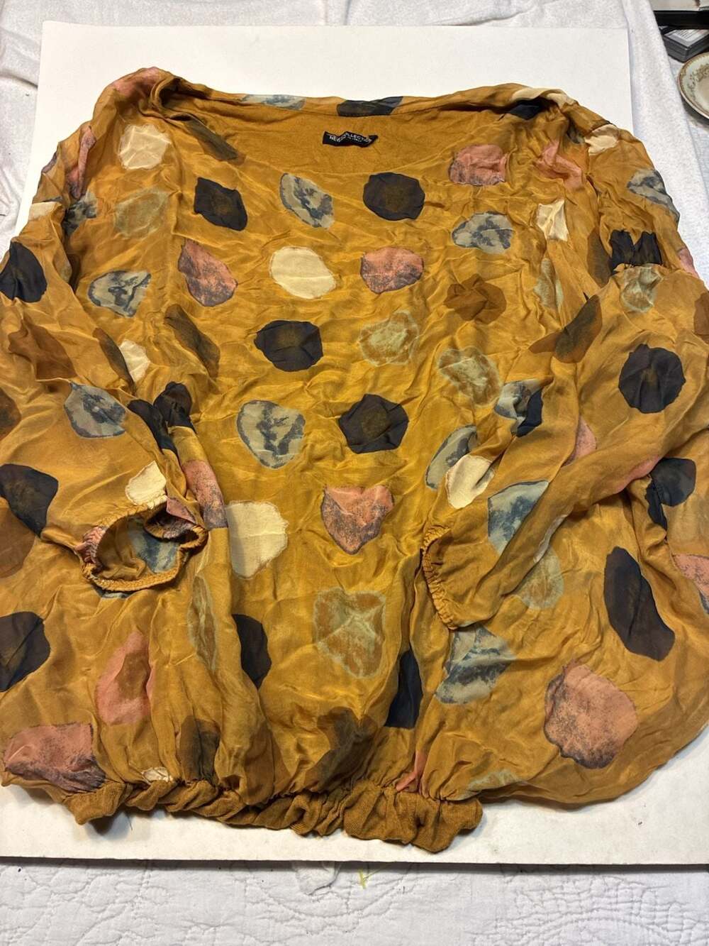 New Collection Made In Italy Yellow Polka Dot Silk Blouse Lagenlook Top